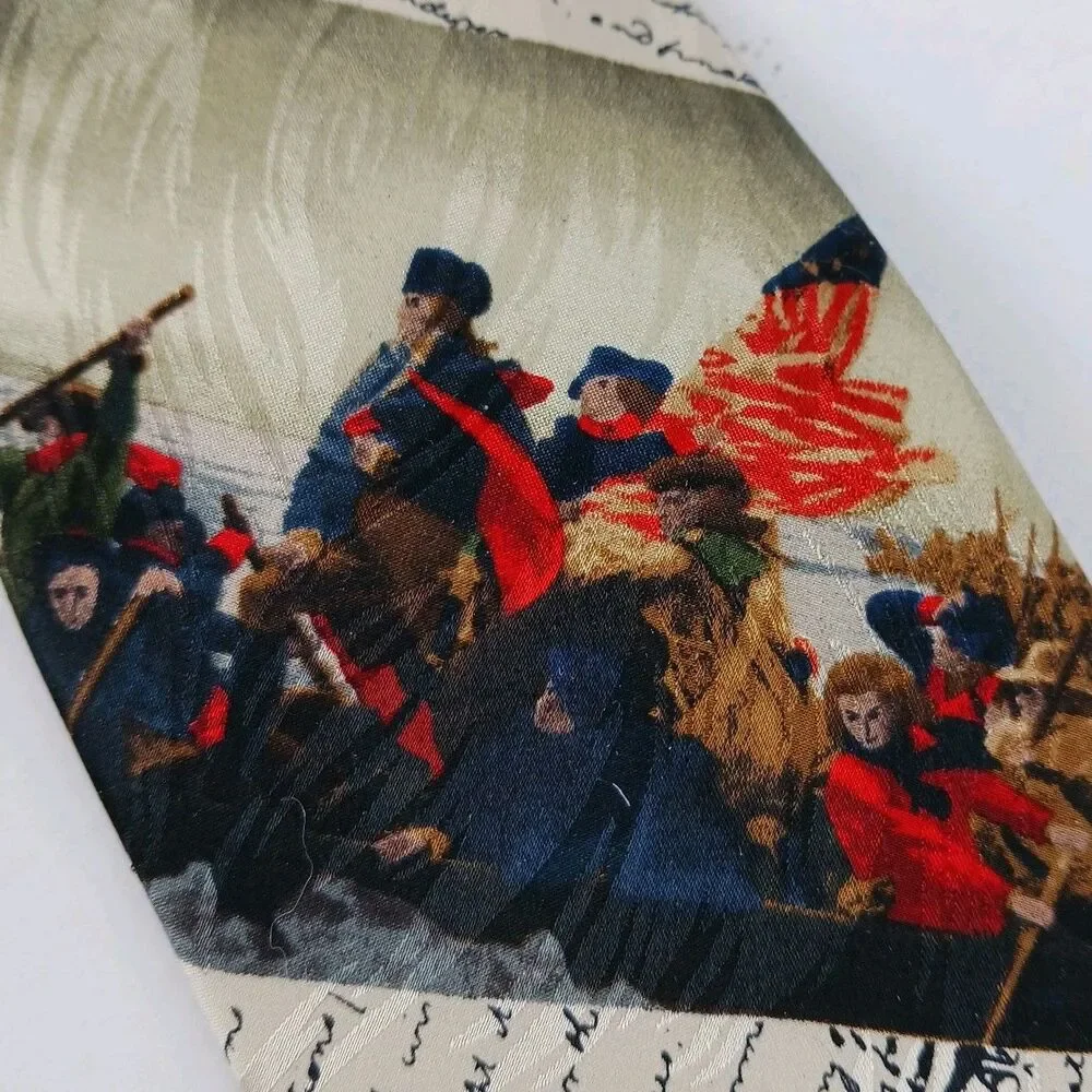 Museum Artifacts Silk Neck Tie Washington Crossing The Delaware Cream Color Base
